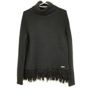 Michael Kors Black Cowl Neck Textured Knit Sweater Fringe Hem M
